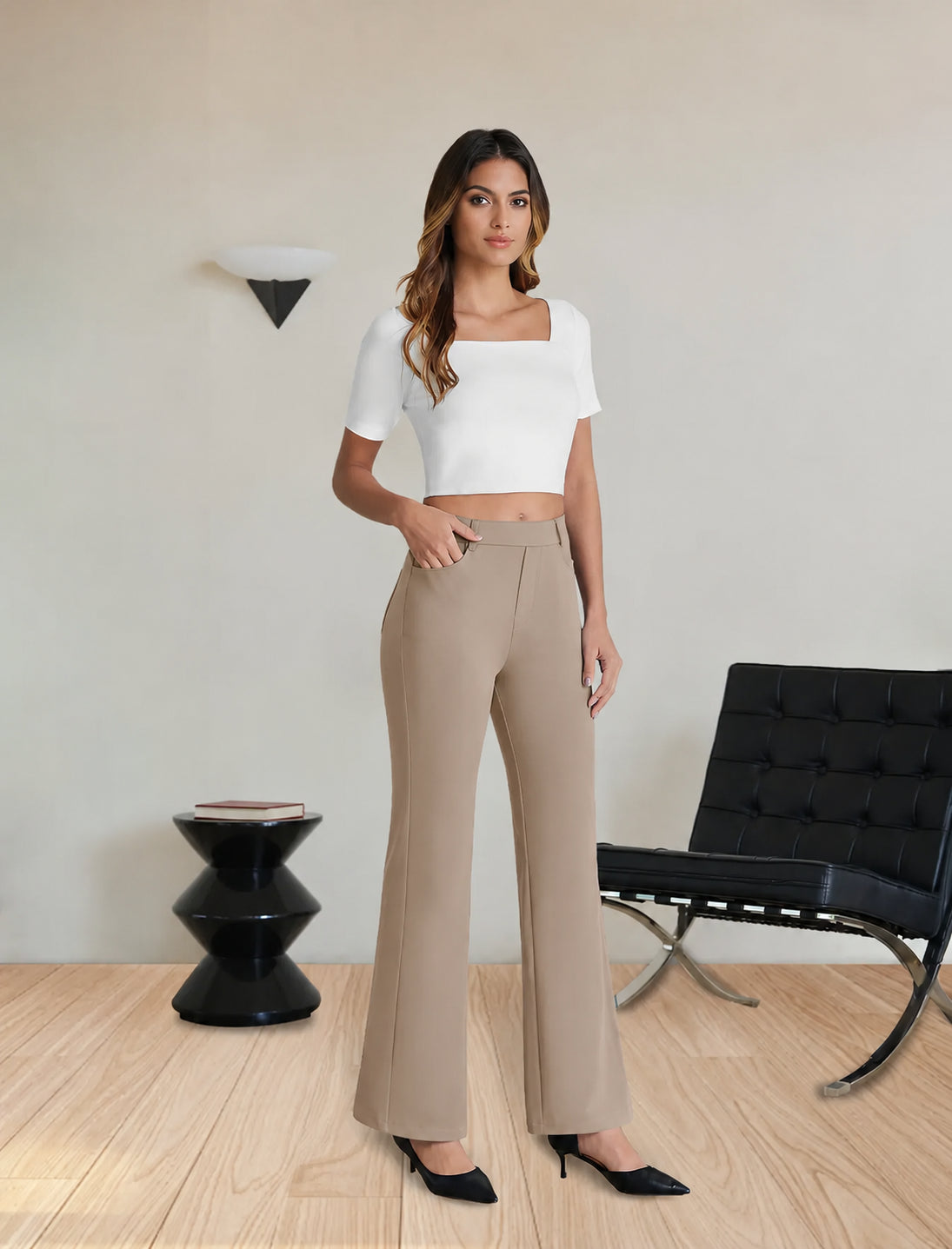 Women’s High-Waisted Stretch Flare Work Pants with Pockets