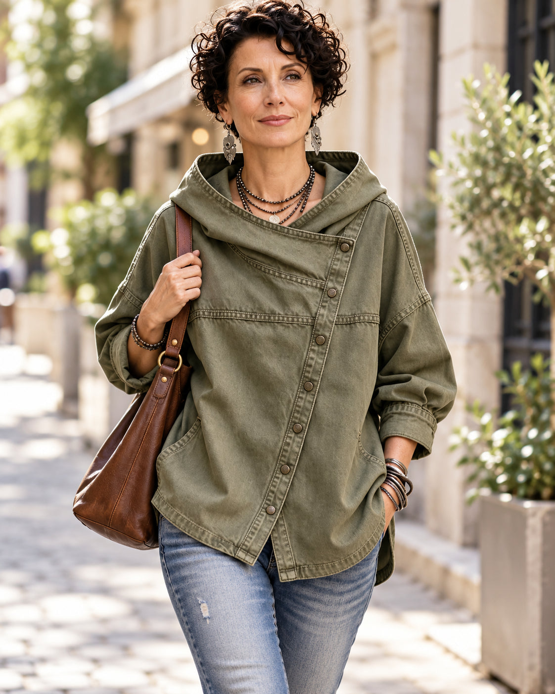 Women's Asymmetric Button-Front Hooded Denim Jacket