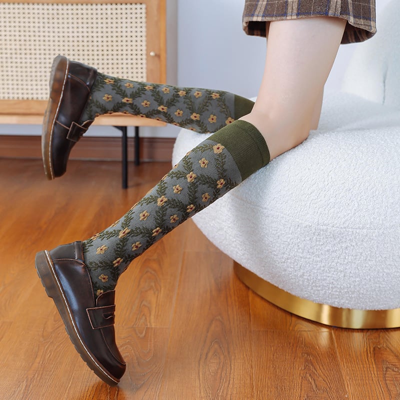 4 Pairs Womens Floral Long Cotton Socks