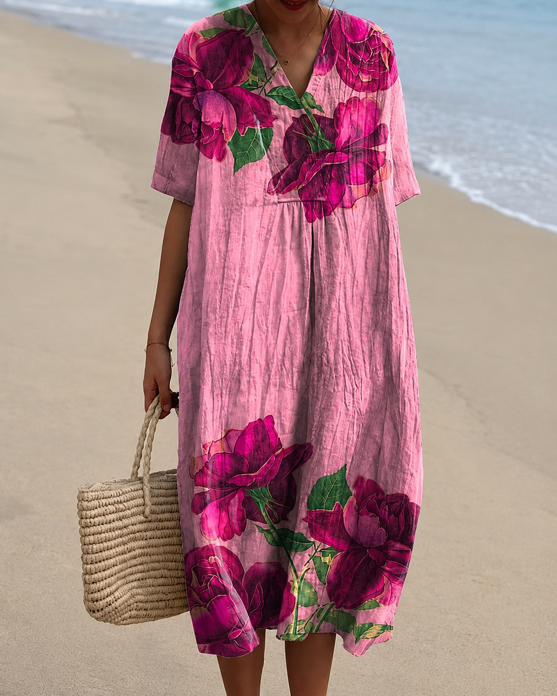 🐟 V-Neck Sardine Print Beach Dress