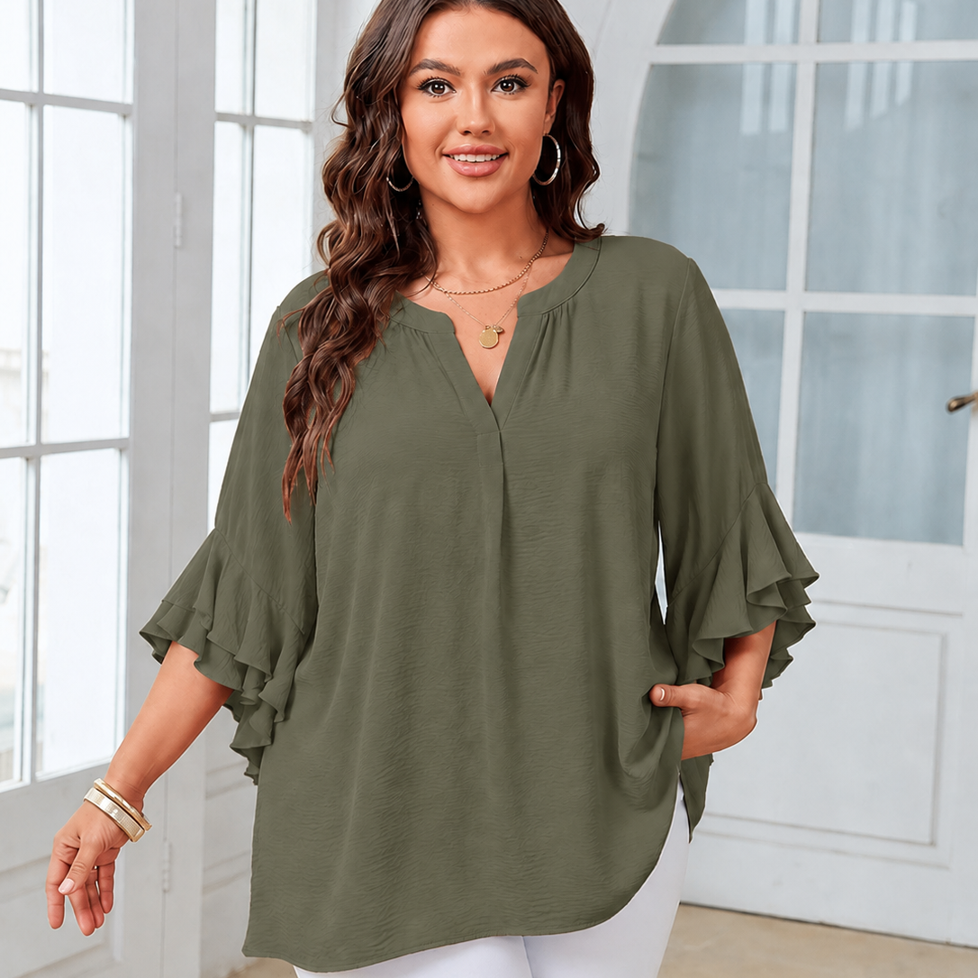 Plus Size Women V-Neck Ruffle Sleeve Solid Color Blouse