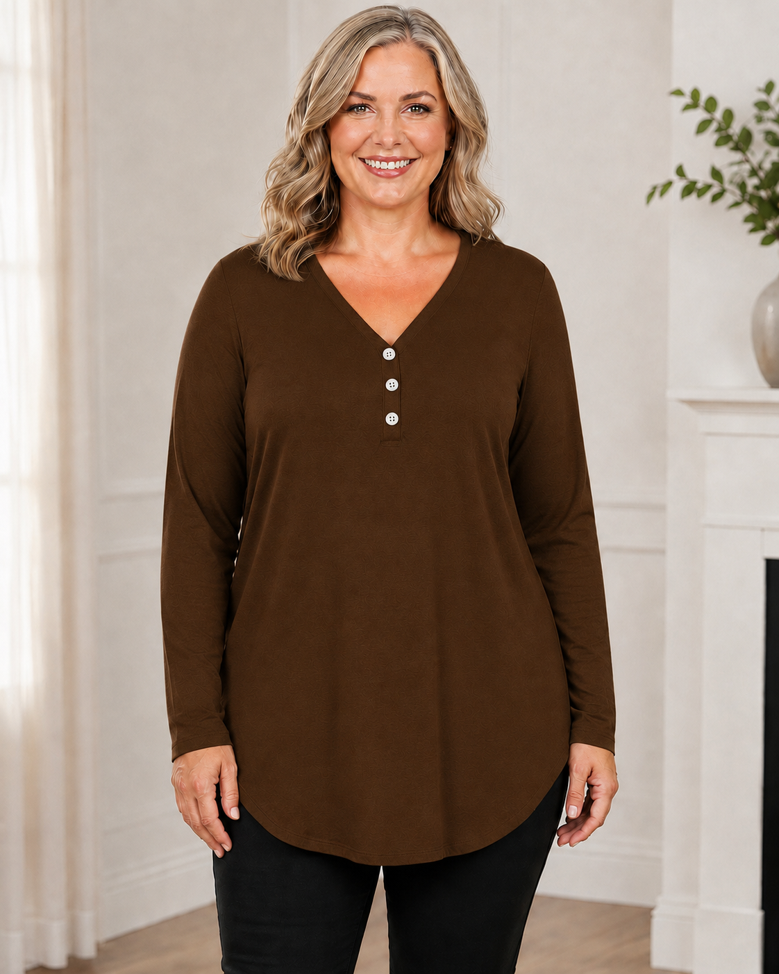 Plus Size V-Neck Henley Long Sleeve Tunic Top