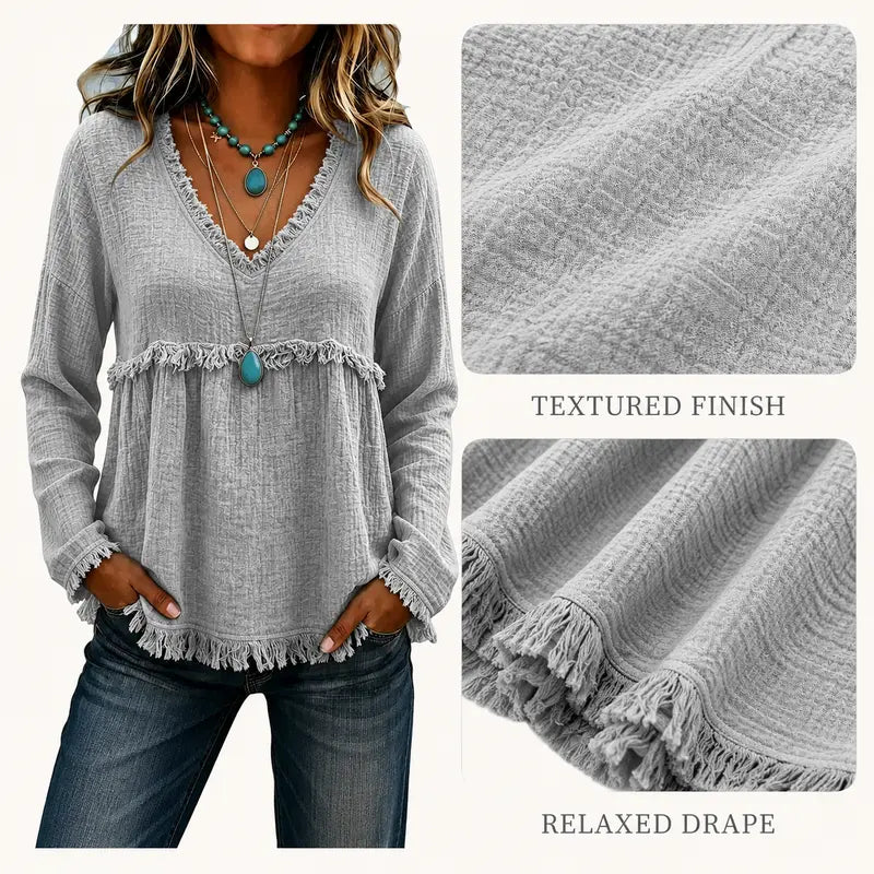 Women’s Boho V-Neck Fringe Babydoll Top