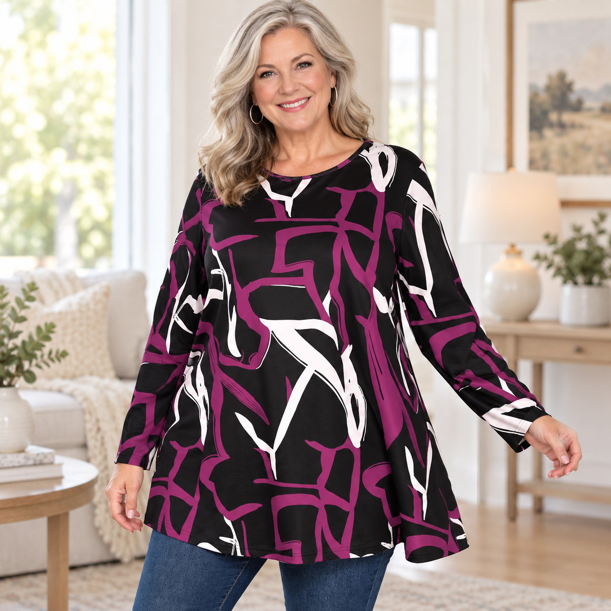 Plus Size Abstract Print Long-Sleeve Tunic Top