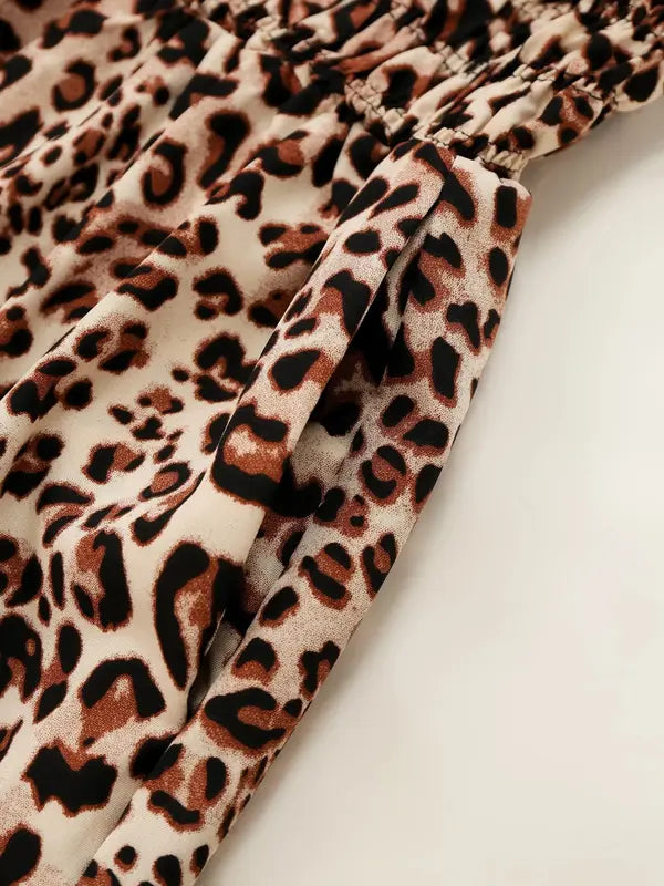 Women's Leopard Print Smocked-Waist Wide-Leg Jumpsuit