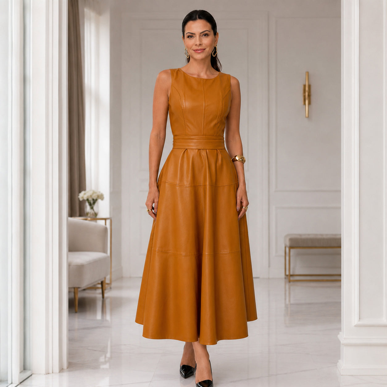 Elegant Leather A-Line Midi Dress
