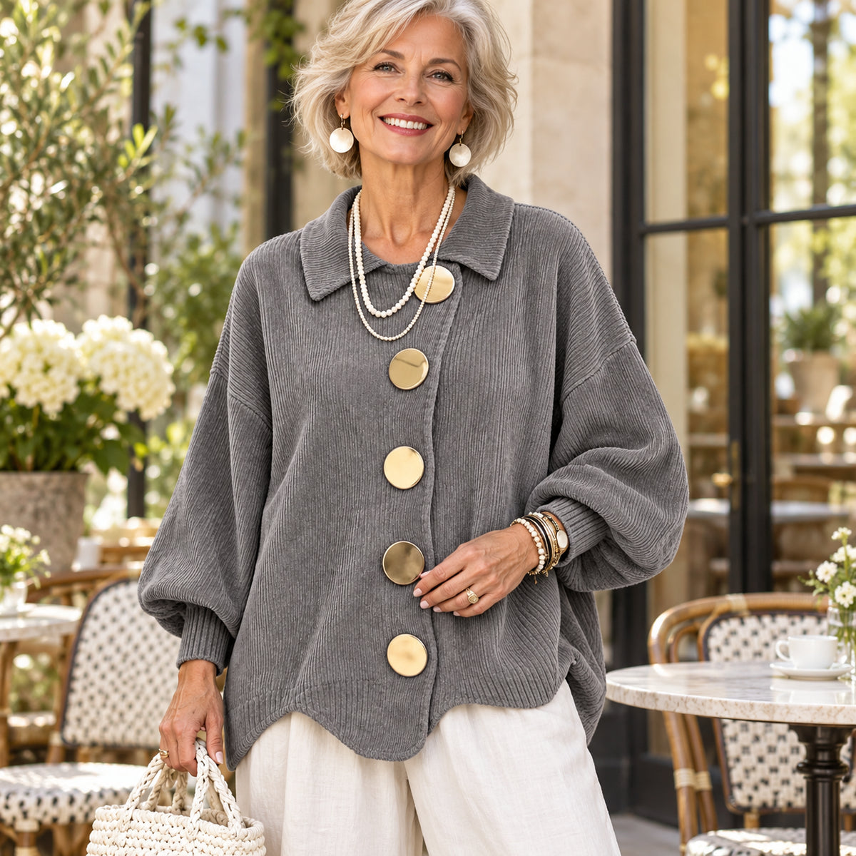 Women's Elegant Ribbed Knit Cardigan with Gold Buttons