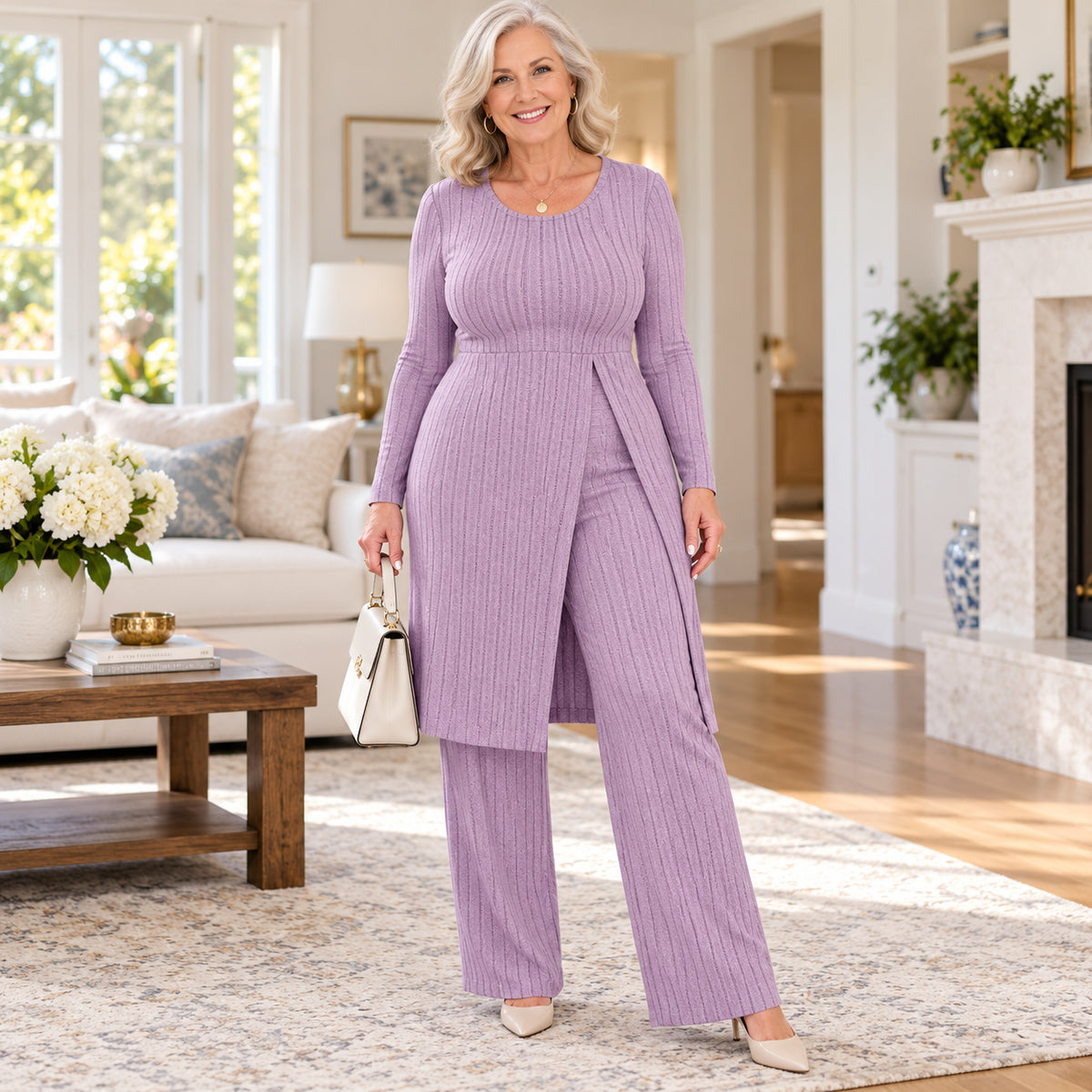 Women's Elegant Ribbed Knit Tunic & Wide-Leg Pants Set