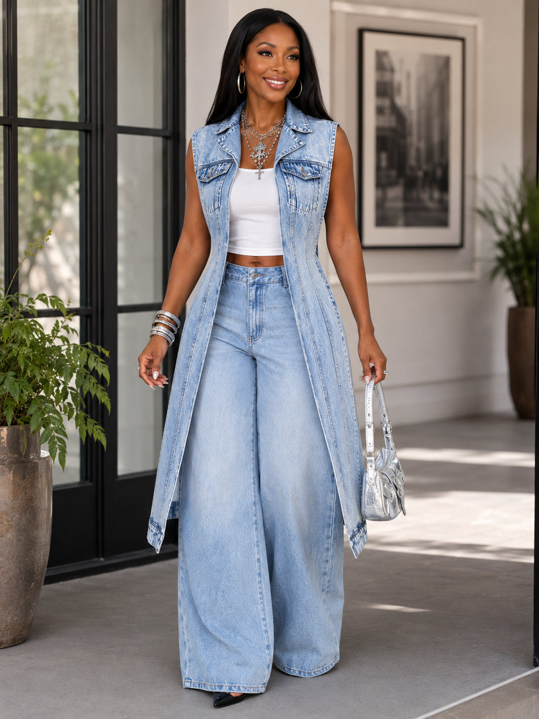 Women's Extreme High-Slit Denim Waistcoat Vests