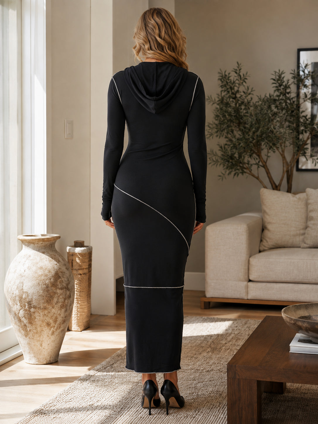 Women’s Hooded Contrast-Seam Contour Maxi Dress