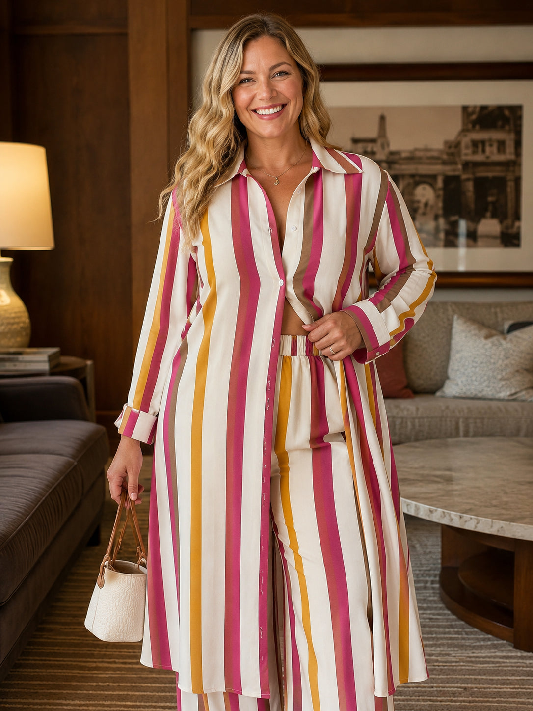 Plus Size Vertical Stripe Duster Cardigan Set