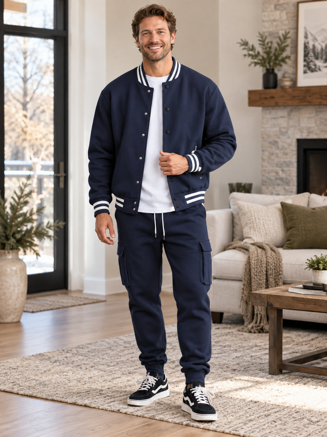 Retro Varsity Bomber Jacket & Cargo Tracksuit Set