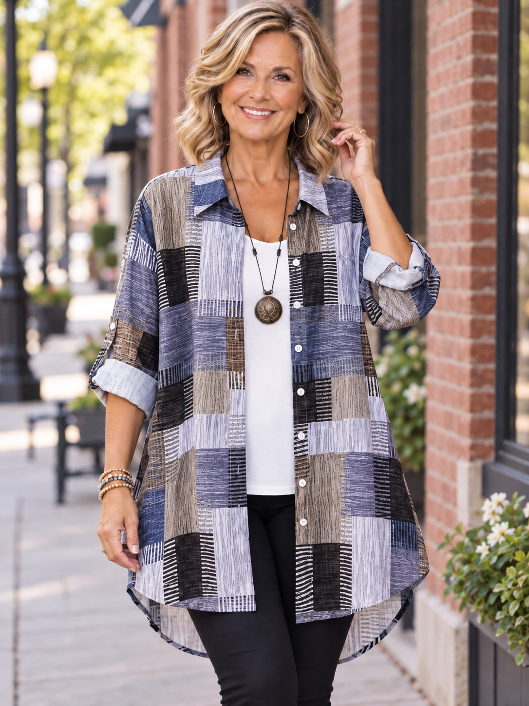 Plus Size Geometric High-Low Button-Up Shirt