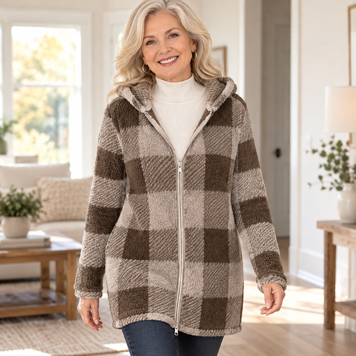Women's Cozy Plaid Hooded Long Cardigan