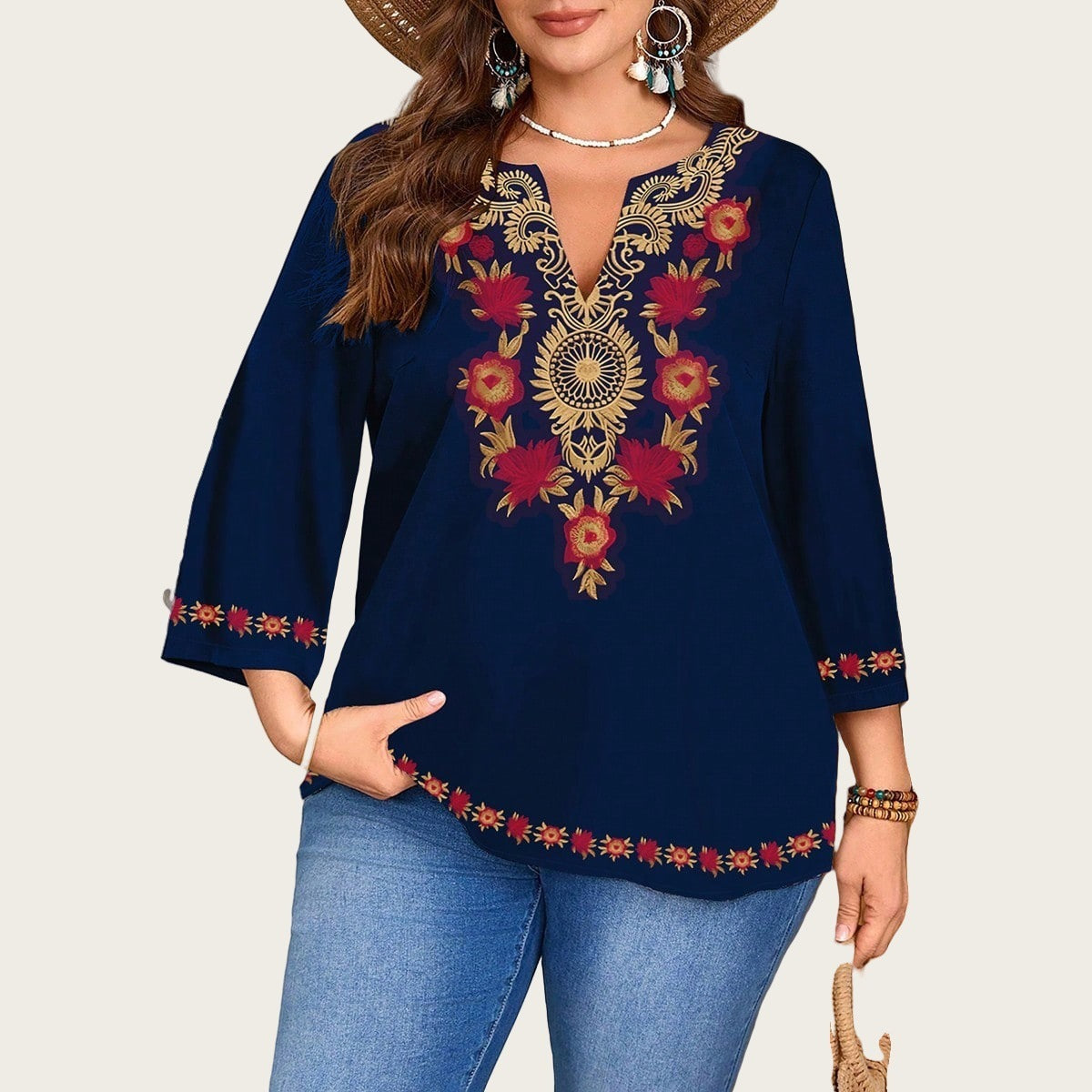 Elegant Plus Size Floral Print V-Neck Tunic Top
