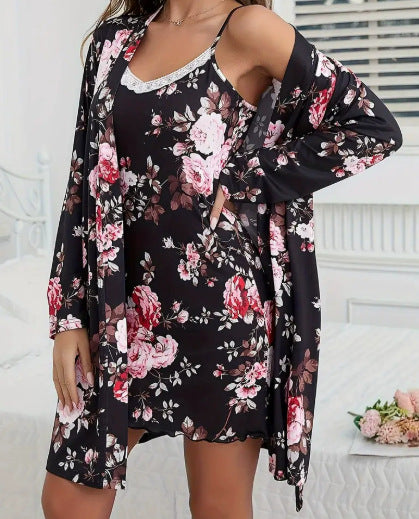 Floral Print Lace Trim Cami Slip Dress & Long Sleeve Robe Set