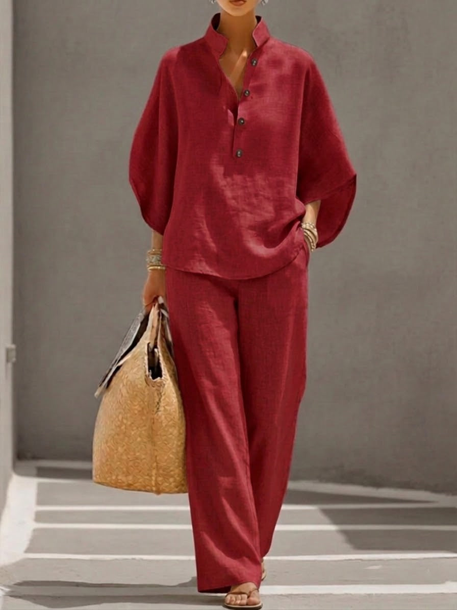 Women's Stand Collar Two-Piece Linen Blend Set
