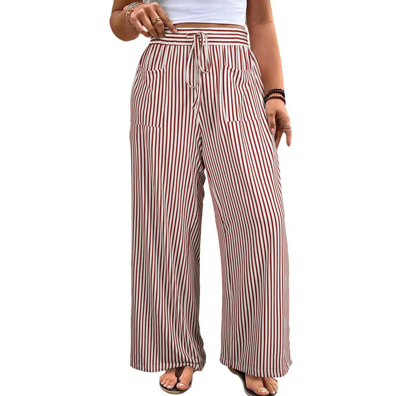 Women's Plus Size Vertical Striped High Waist Drawstring Wide Leg Pants