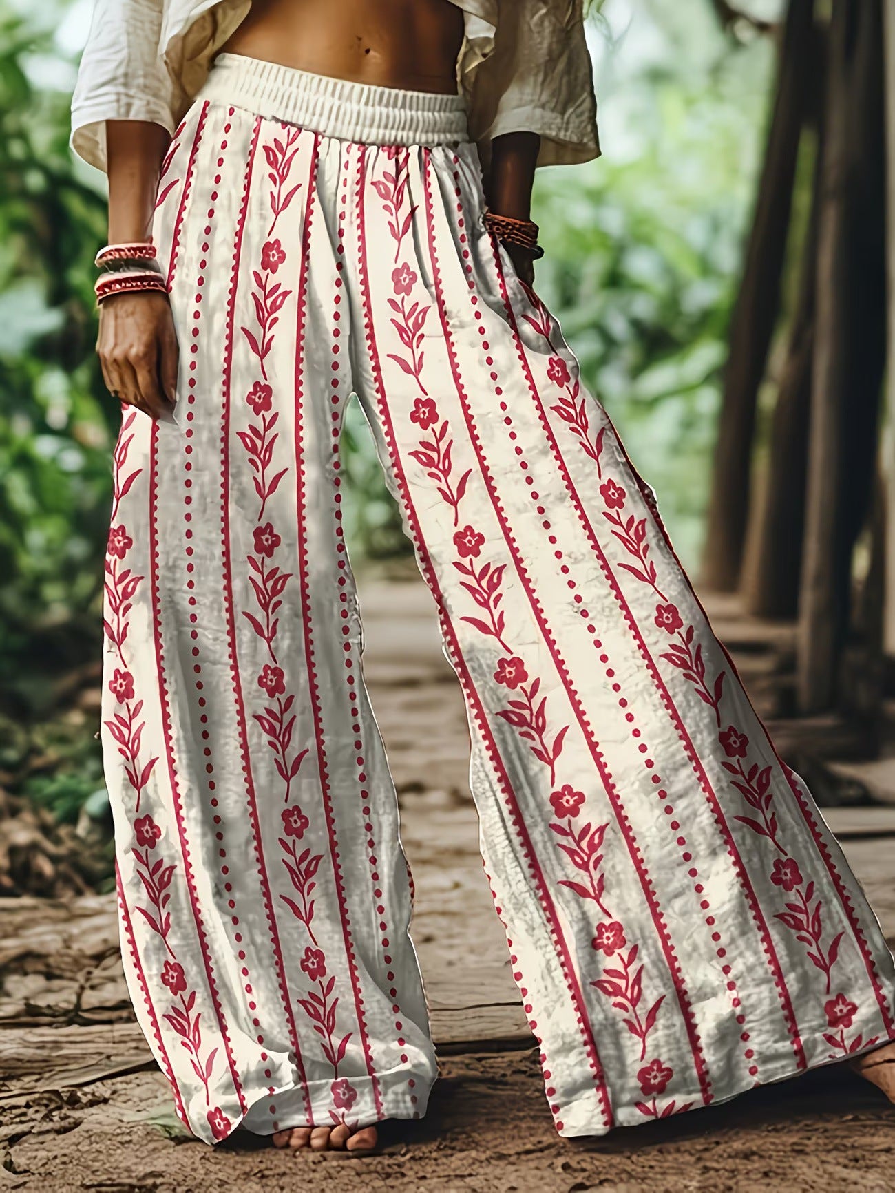 🌸 Women's Boho Floral & Bird Print Wide-Leg Pants