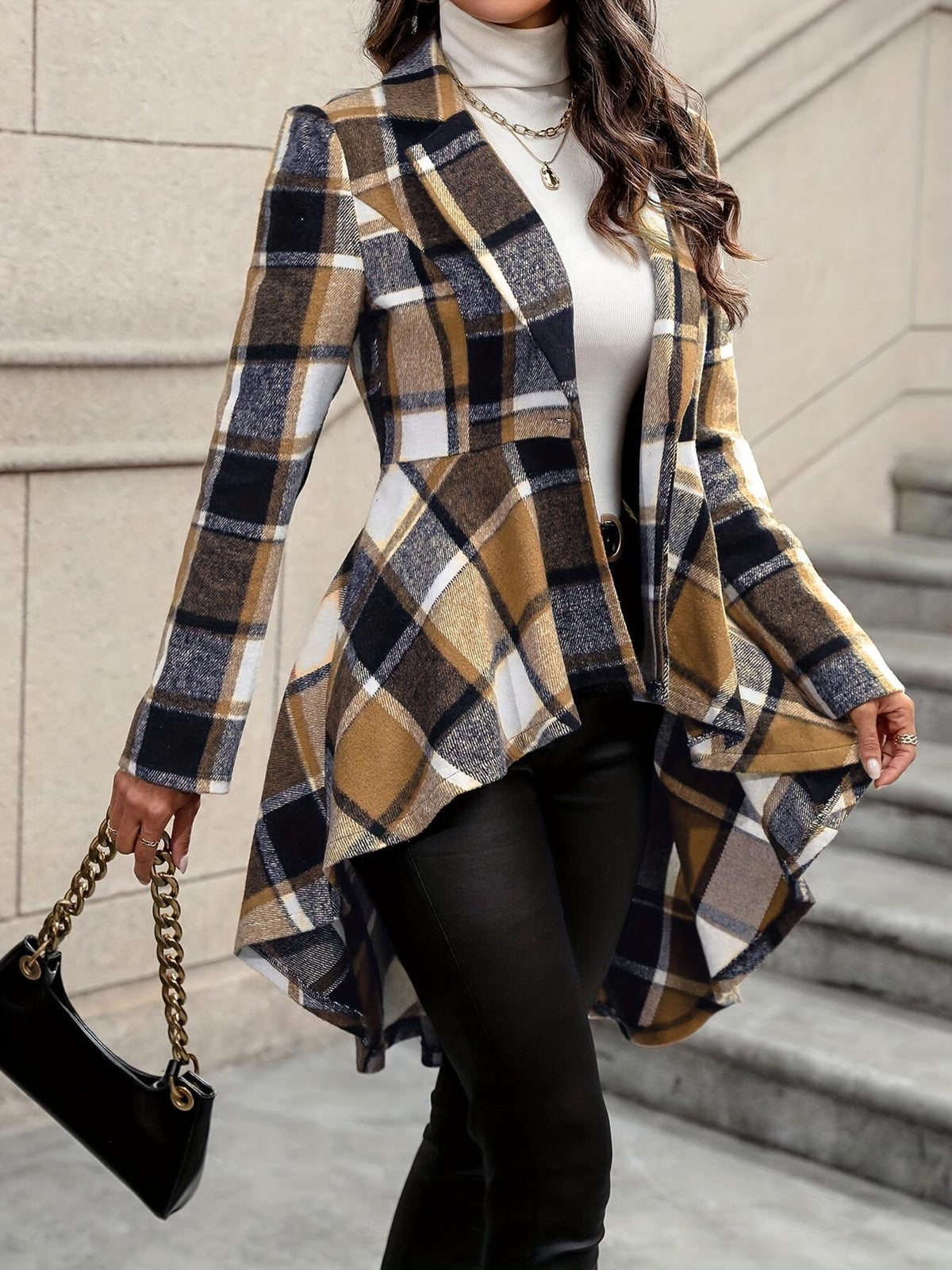 Elegant Plaid High-Low Asymmetric Trench Blazer Jacket