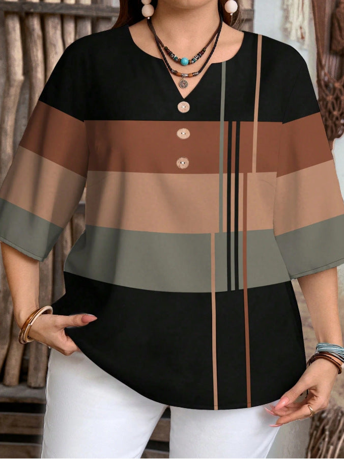 ✨ Plus Size Geometric Color-Block Buttoned V-Neck Blouse
