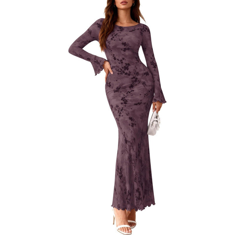 Women's Elegant Floral Mesh Long Sleeve Bodycon Maxi Dress