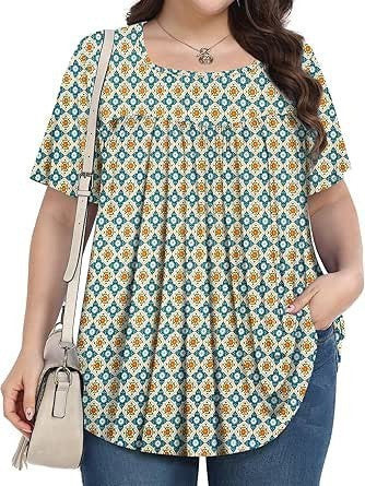 Women's Plus Size Floral Square Neck Pleated Tunic