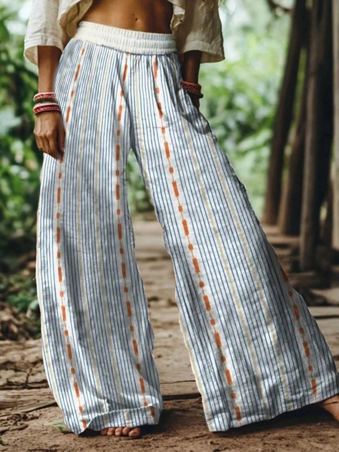 🌸Women Boho Floral Bird Print Wide Leg Long Pants With Pockets