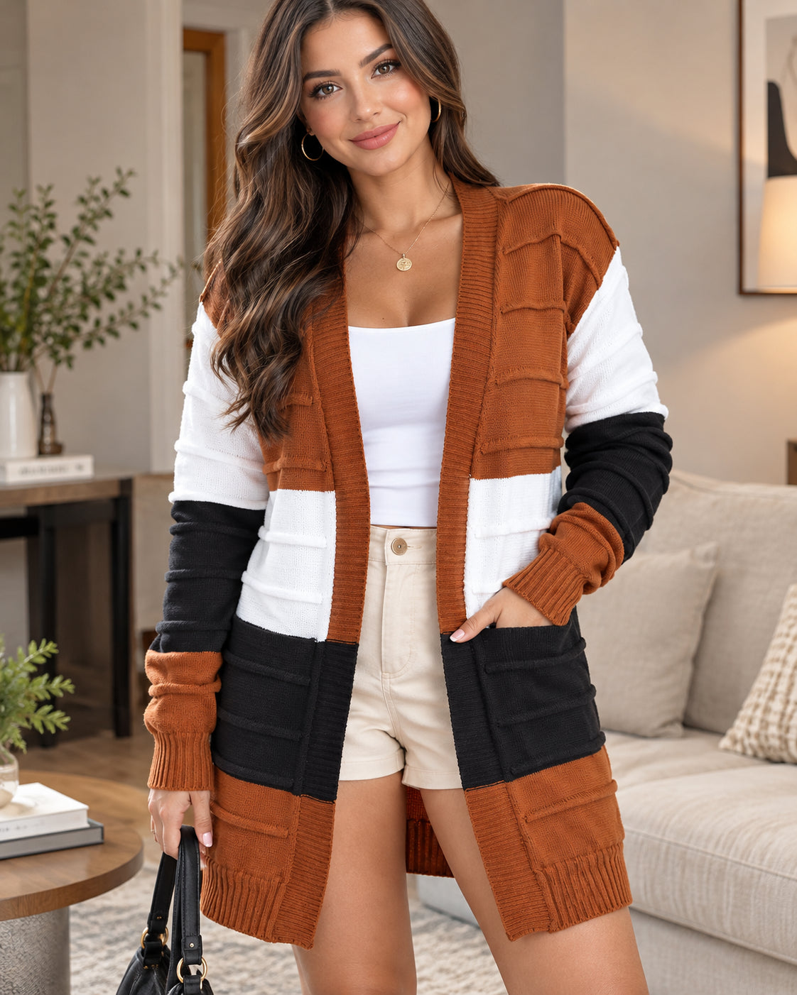 Women's Colorblock Textured Longline Knit Cardigan