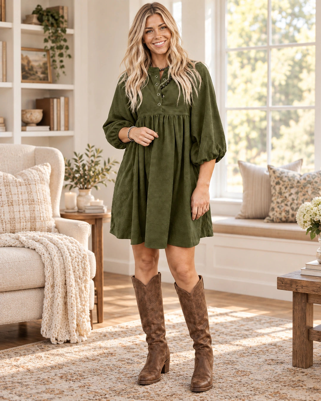 Women’s Relaxed Corduroy Babydoll Dress with Snap Neckline and Puff Sleeves