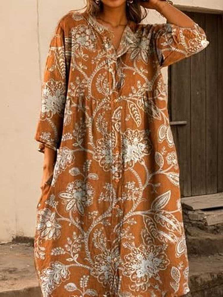 ✨Women’s Loose Boho Dress – Printed Button Down Vacation Shirt Dress