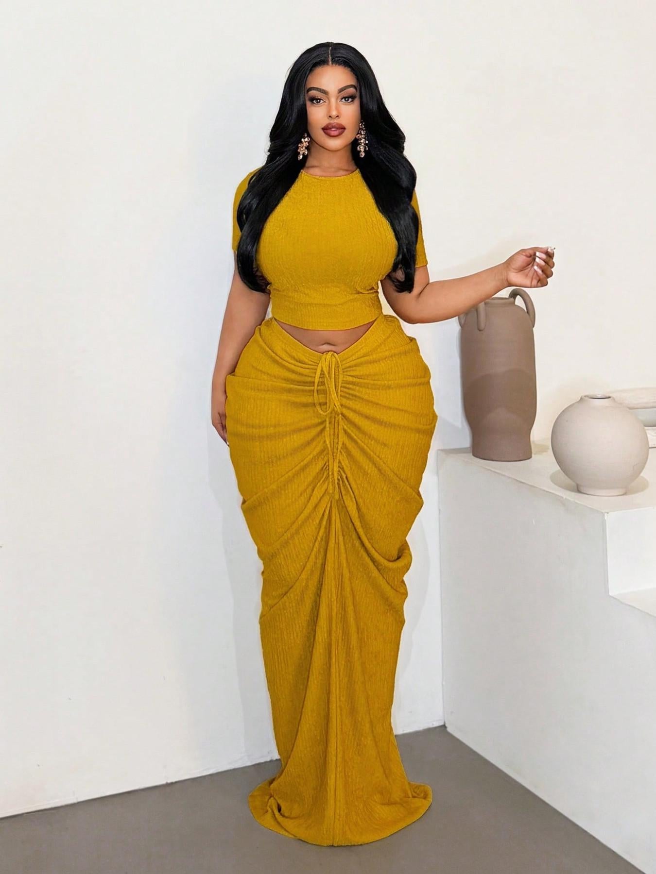 Plus Size Curve-Flattering Ruched Drawstring Crop Top & Maxi Skirt Set