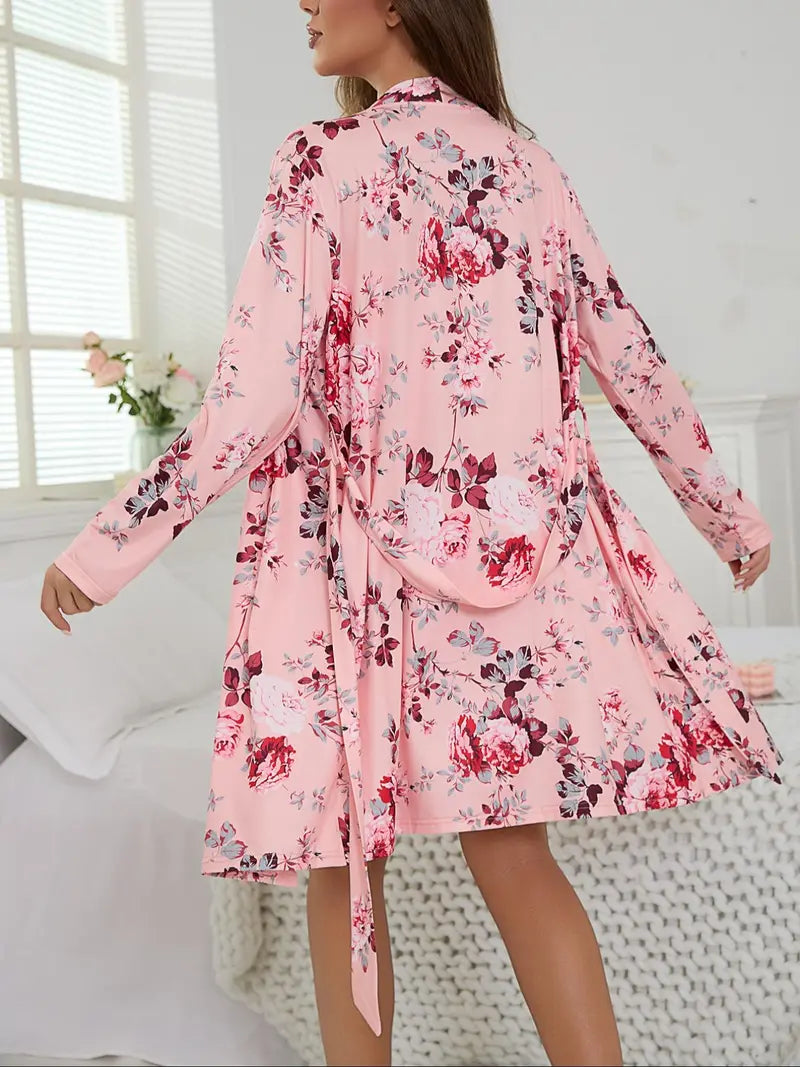 Women's Floral Robe & Cami Nightdress 2-Piece Sleepwear Set