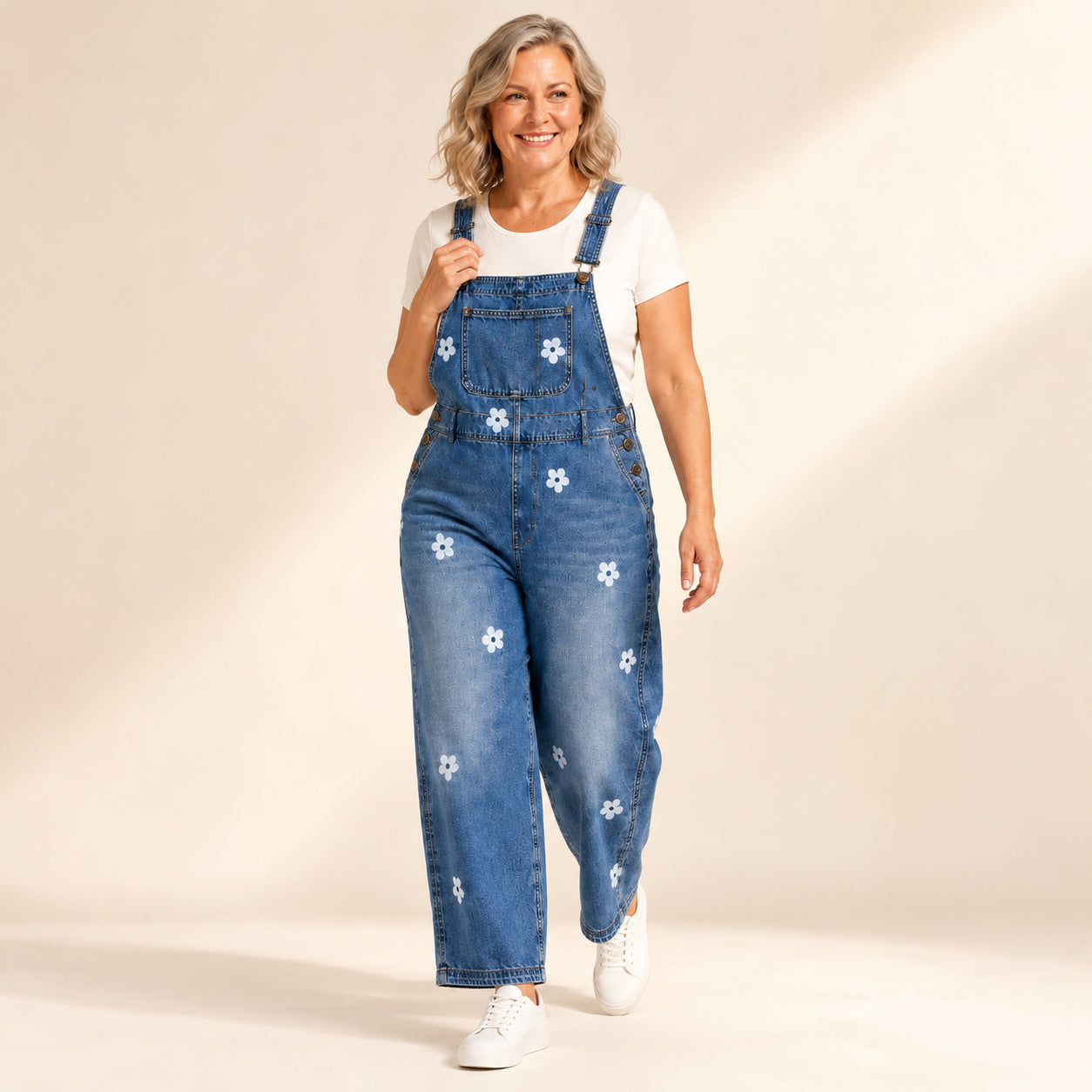 Women's Relaxed Floral Denim Bib Overalls