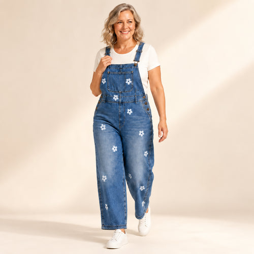 Women's Relaxed Floral Denim Bib Overalls