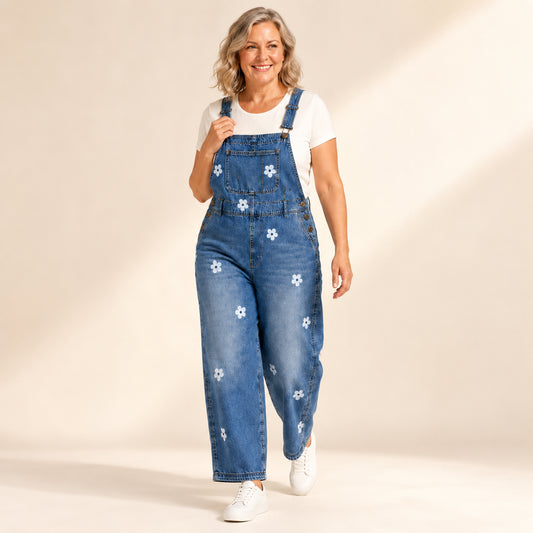 Women's Relaxed Floral Denim Bib Overalls
