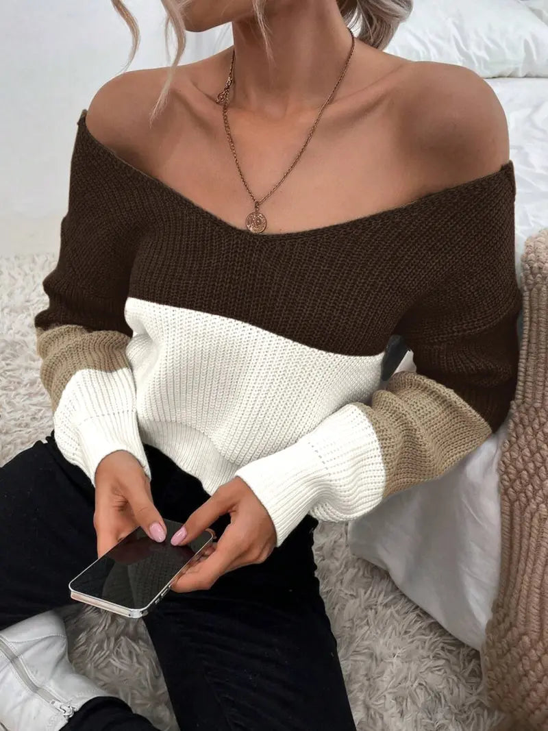 Women's Color Block Off-Shoulder Bow Back Knit Sweater