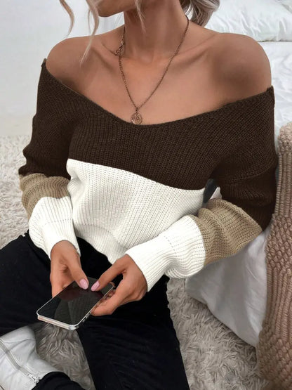 Women's Color Block Off-Shoulder Bow Back Knit Sweater