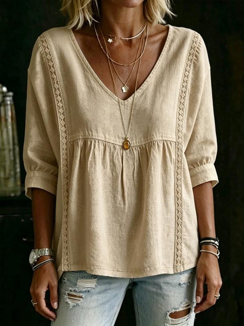 Women's Cotton Linen V-Neck Loose Slimming Top