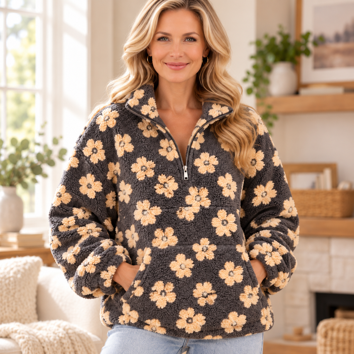 Women's Floral Sherpa Fleece Half Zip Pullover with Kangaroo Pocket