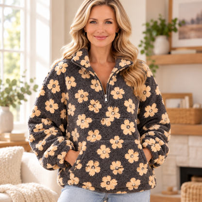 Women's Floral Sherpa Fleece Half Zip Pullover with Kangaroo Pocket