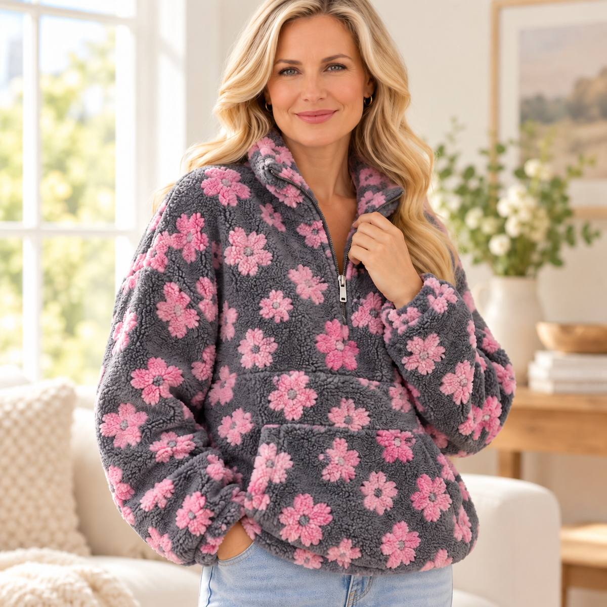 Women's Floral Sherpa Fleece Half Zip Pullover with Kangaroo Pocket