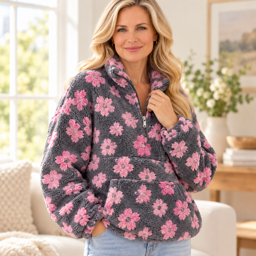 Women's Floral Sherpa Fleece Half Zip Pullover with Kangaroo Pocket