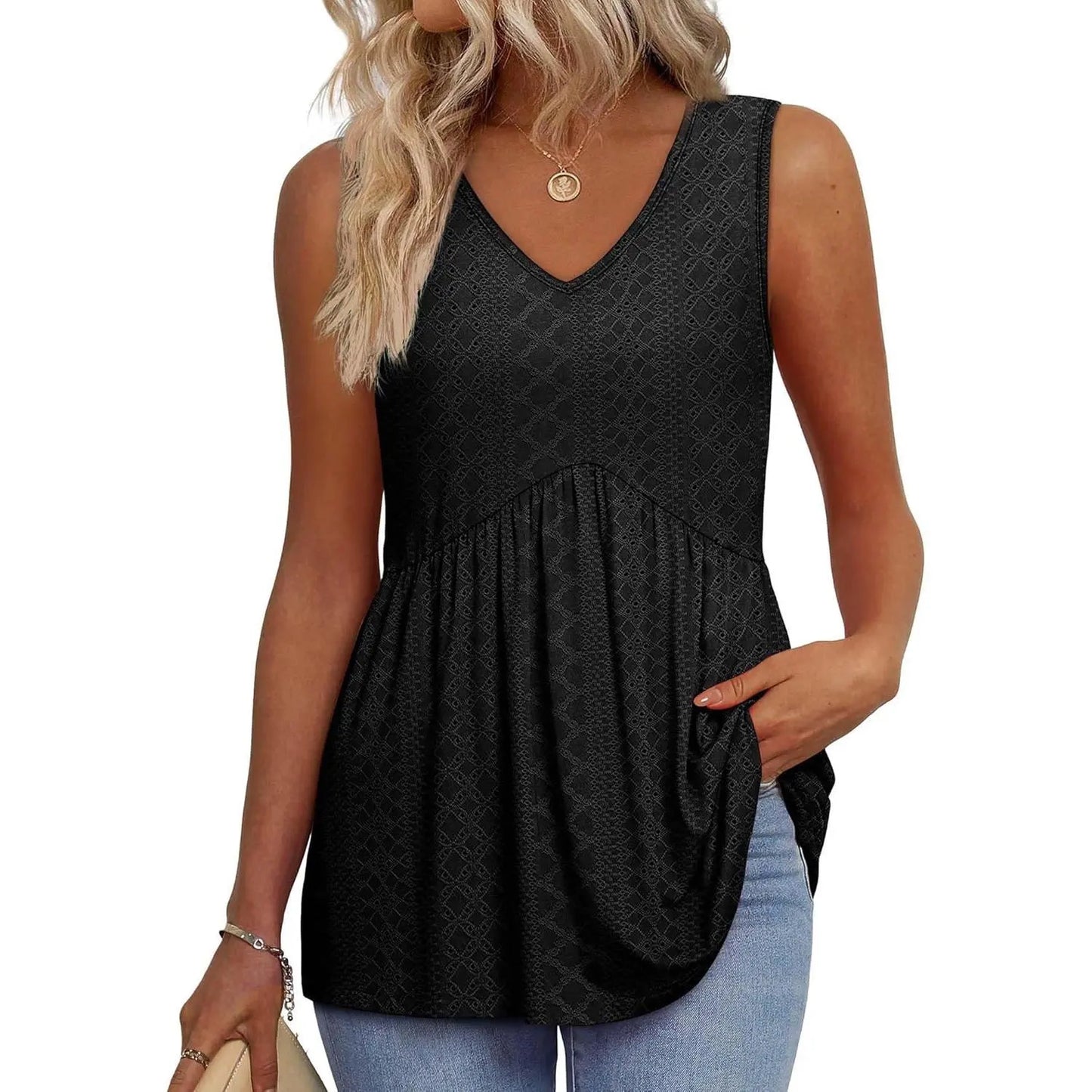 👗Women’s Sleeveless V-Neck Babydoll Tank Top – Flowy Summer Peplum Top