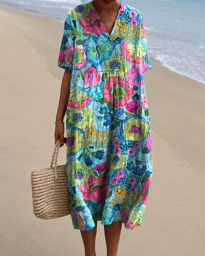 🐟 V-Neck Sardine Print Beach Dress