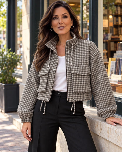 Vintage Houndstooth Stand Collar Zip Jacket