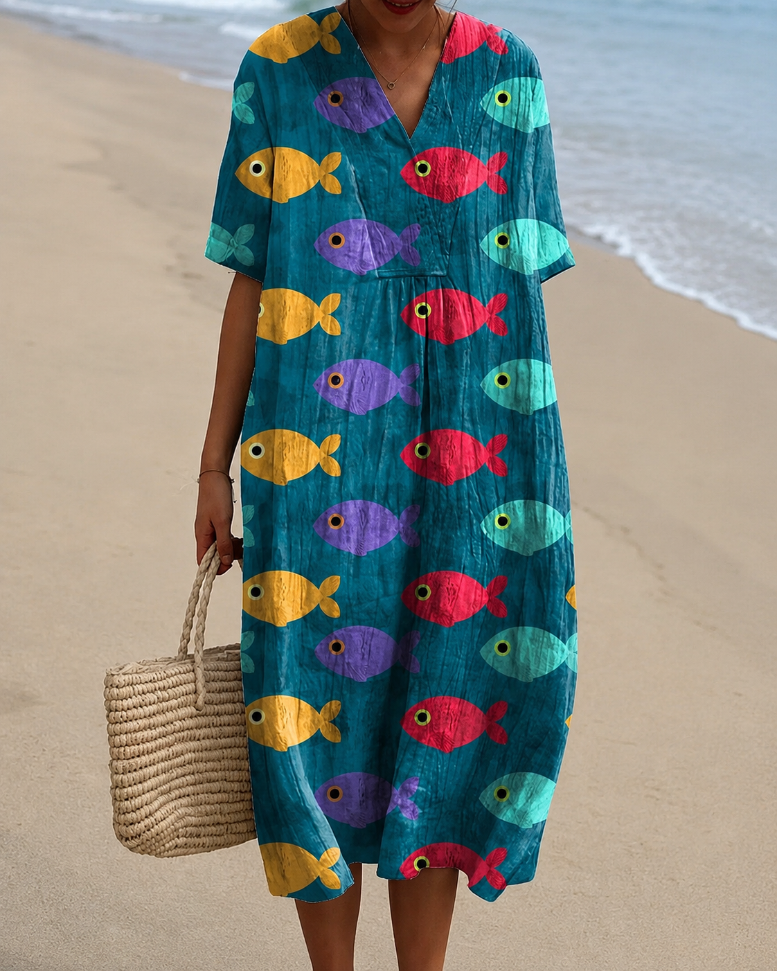 🐟 V-Neck Sardine Print Beach Dress