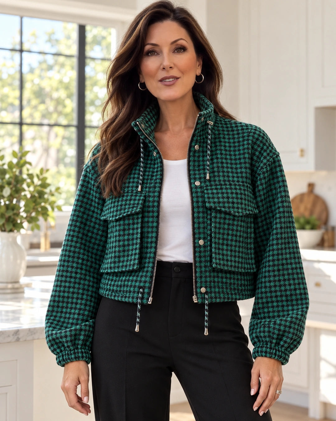 Vintage Houndstooth Stand Collar Zip Jacket