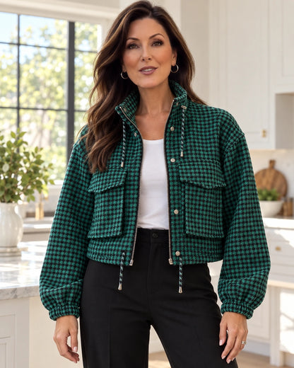 Vintage Houndstooth Stand Collar Zip Jacket