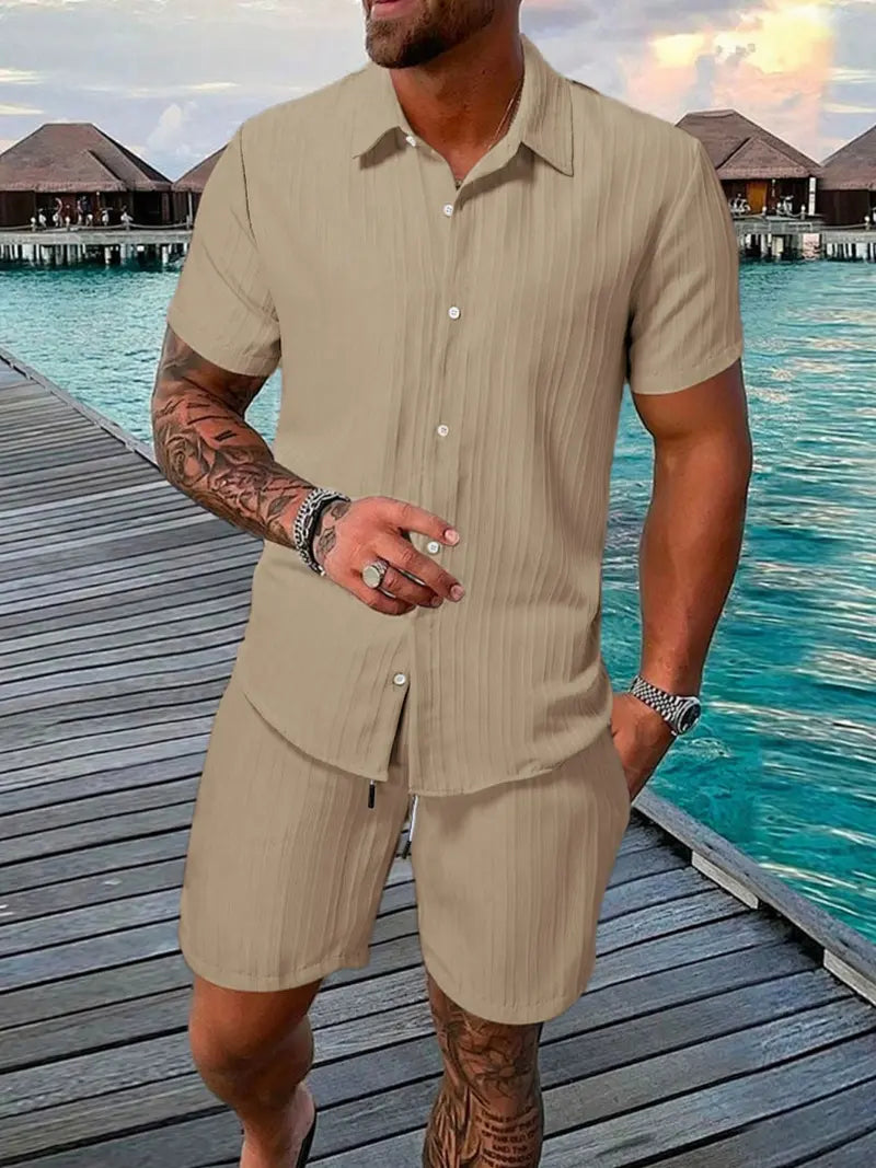 ☀️ Men's Textured Short Sleeve Shirt & Shorts 2-Piece Set